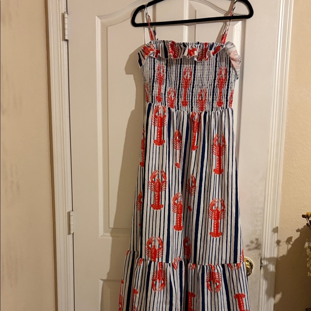 Striped Lobster Print Maxi Dress - Red & Blue